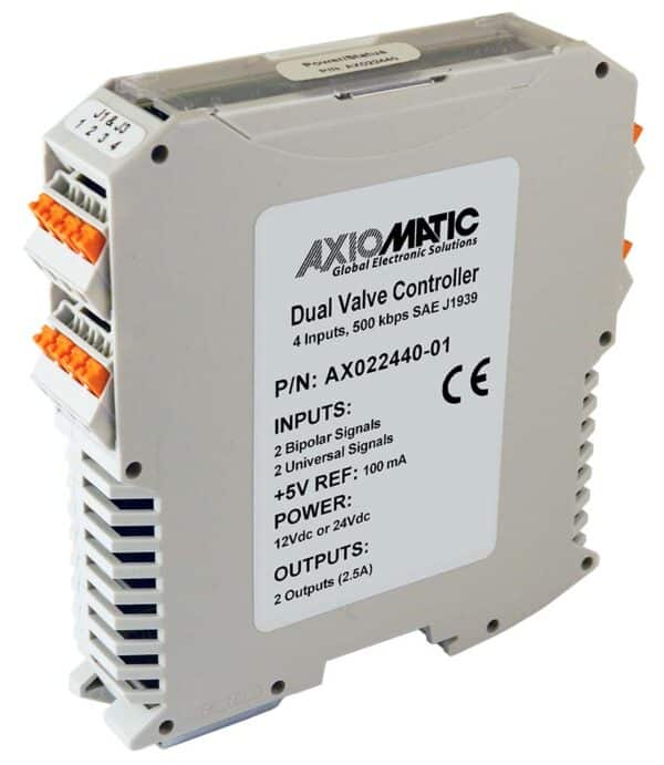 2 Bipolar and 2 Universal/1 AB Encoder Inputs, Dual Valve Controller, SAE J1939 500 kbps, DIN Rail Mount, AX022440-01