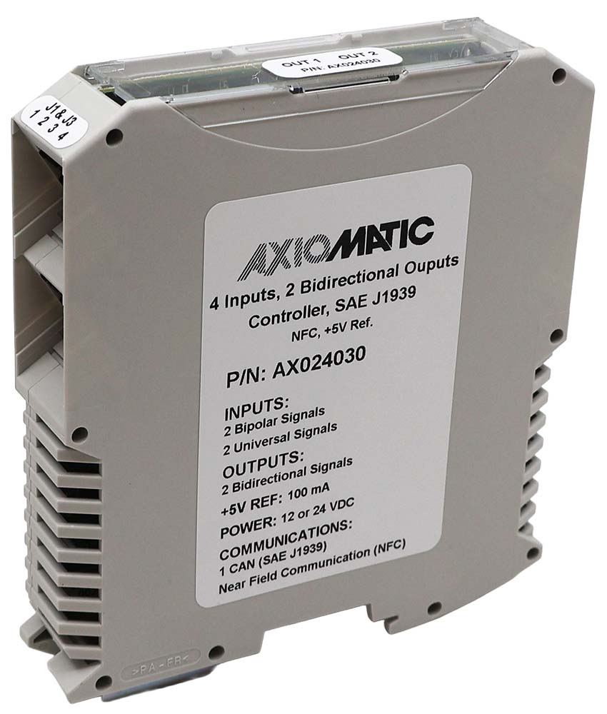 4 Inputs, 2 Bidirectional 600mA Outputs Valve Controller, +5V Reference, SAE J1939, NFC, DIN Rail Mount