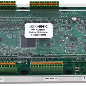 AX028030 is an Axiomatic I/O Controller with 12 inputs and 18 outputs, featuring 1 CAN SAE J1939 port, 1 USB-C port, and a TH 35-7.5 DIN rail mount for easy installation.