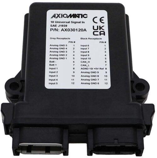 Axiomatic Technologies' 10 Signal Inputs Controller with SAE J1939 CAN communication, AX030120A, is designed for mobile equipment applications such as power generator sets, construction equipment, and heavy-duty industrial machine controls.