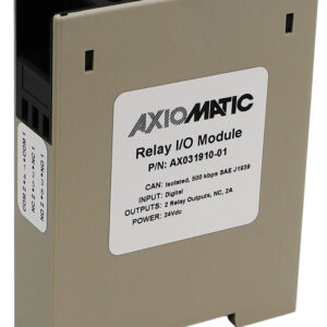 AX031910-01 is an Axiomatic I/O Controller featuring 1 digital input, 2 relay outputs, isolated SAE J1939 CAN communication at 500 kbit/s, and is designed with a 35mm DIN rail mount for DIN rail installation.