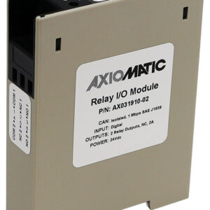 AX031910-02 is an Axiomatic I/O Controller featuring 1 digital input, 2 relay outputs, isolated SAE J1939 CAN communication at 1 Mbit/s, and is designed with a 35mm DIN rail mount for DIN rail installation.