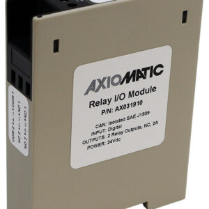 AX031910 is an Axiomatic I/O Controller featuring 1 digital input, 2 relay outputs, isolated SAE J1939 CAN communication at 250 kbit/s, and is designed with a 35mm DIN rail mount for DIN rail installation.