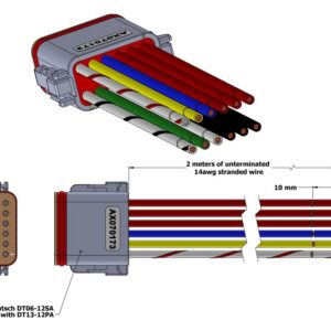 AX070173, a 2m (6.5ft) wire harness with 14 AWG unterminated leads and a TE Deutsch DT06-12SA plug to mate with a TE Deutsch DT13-12PA plug. Designed for use with Axiomatic DC to DC Converters AX080310 and AX080311.