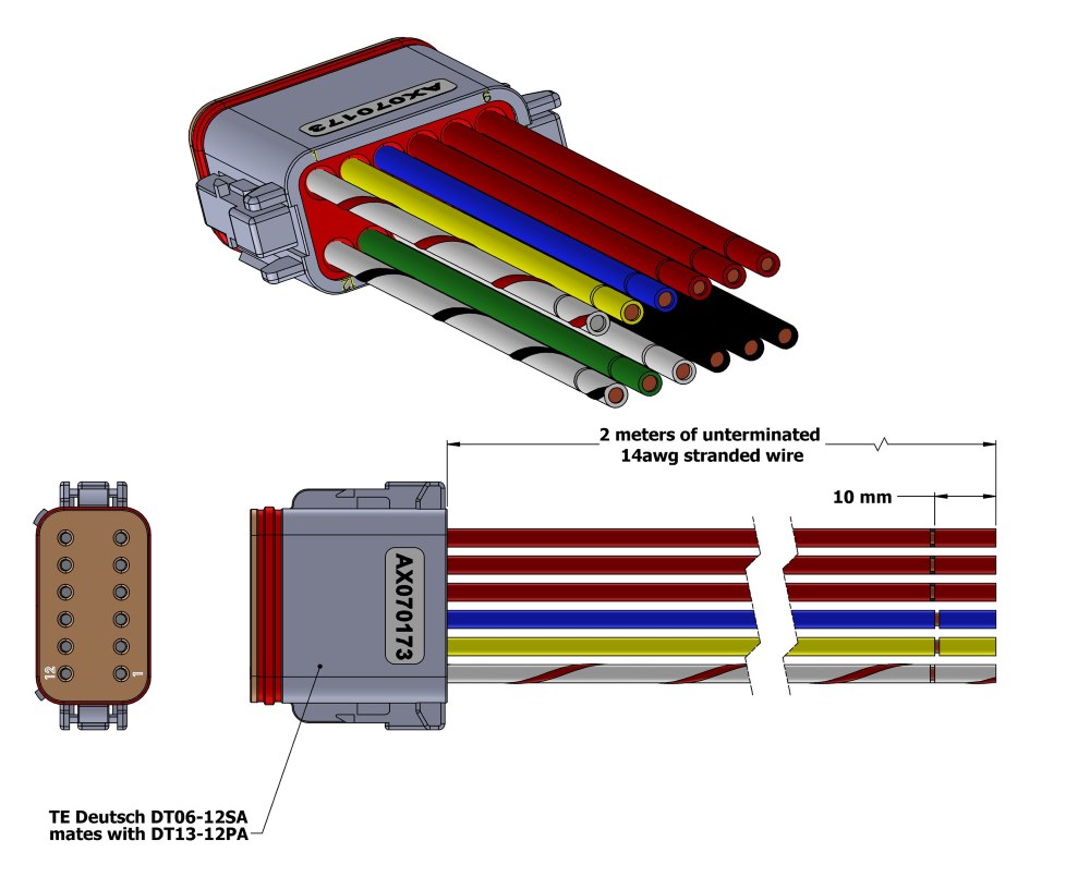 Wire Harness, 2m (6.5ft), DT06-12SA Plug, 14 AWG Unterminated Leads