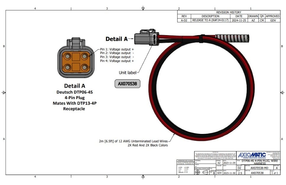 Wire Harness (DTP06-4S Mating Plug, 2m (6.5ft.) 12 AWG Unterminated Wires)