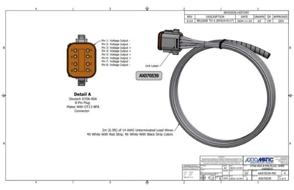 Wire Harness (DT06-8SA Mating Plug, 2m (6.5ft.) 14 AWG Unterminated Wires), AX070539