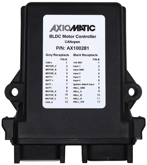 Image of Axiomatic's 480 Watt BLDC Motor Controller, AX100281, which features four universal signal inputs and is created with a highly efficient and robust design for the harsh environments of engine applications and to provide precise speed control of fans, pumps, or actuators.