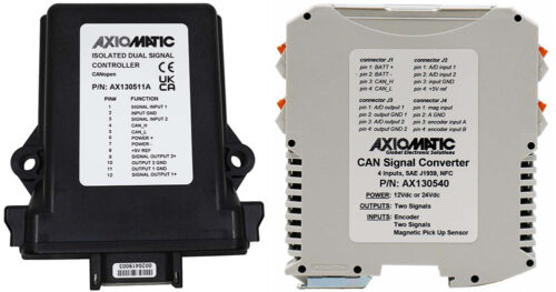 Axiomatic Technologies' Isolated 2 Signal Inputs, 2 Signal Outputs Controller with CANopen® communication, AX130511A, and Axiomatic Technologies' SAE J1939 CAN and NFC Signal Converter with 2 Signal Inputs, 1 Encoder Input, 1 Magnetic Pick Up Sensor Input, and 2 Signal Outputs, both designed for off-highway machine automation, oil and gas equipment automation, power gen set engine control systems, and more!