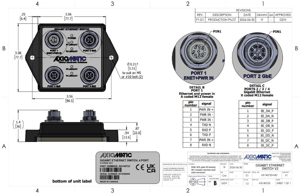 4 Port Gigabit Ethernet Switch, M12, X-Coded Connectors