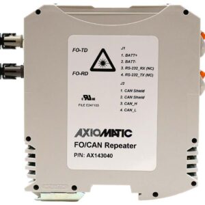 Axiomatic Fiber Optic to SAE J1939 CAN Repeater, AX143040, acts as a bridge for CAN network extension over distance and provides galvanic isolation between two CAN networks for electrical safety.